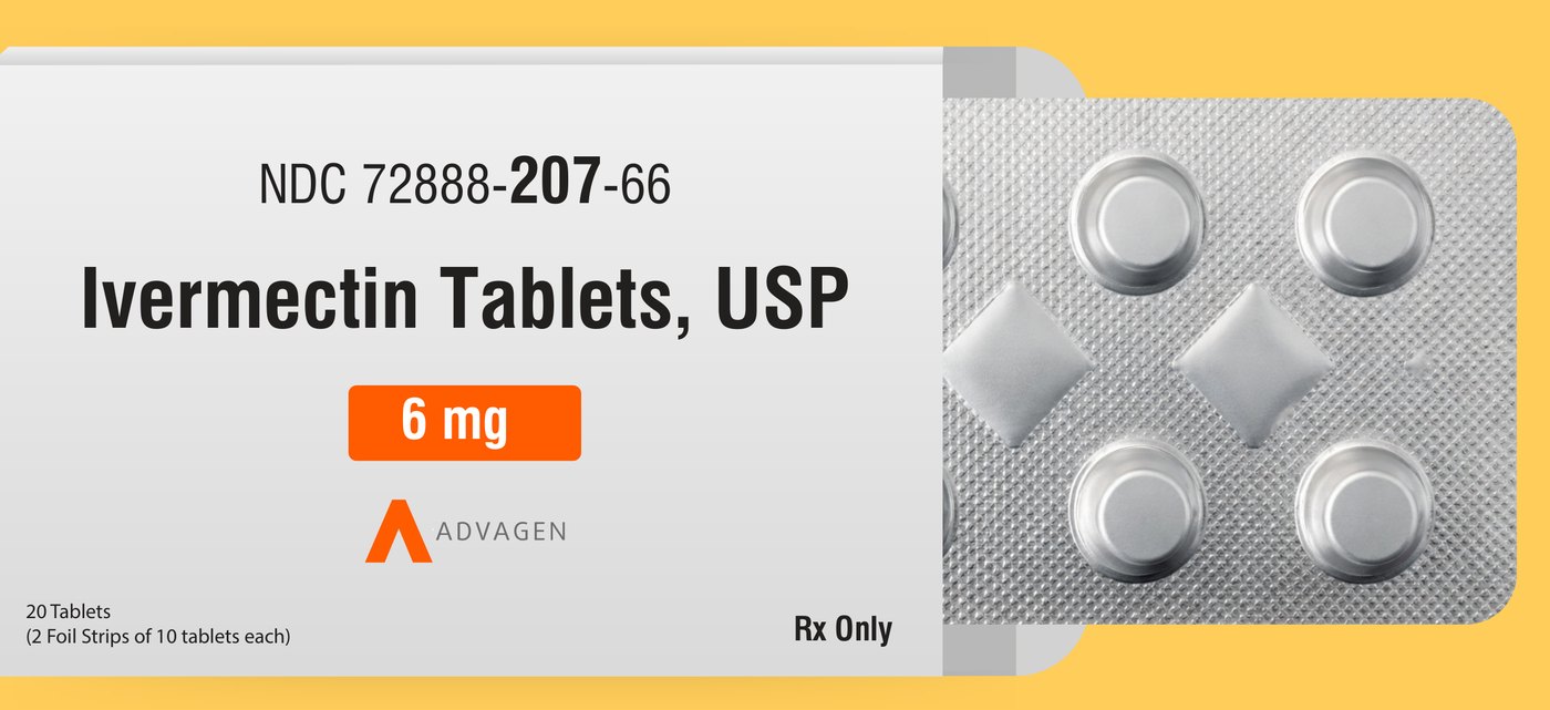 Ivermectin Tablets, USP 6 mg carton, NDC 72888-207-66, 20 tablets in two foil strips of 10, shown with a blister strip.